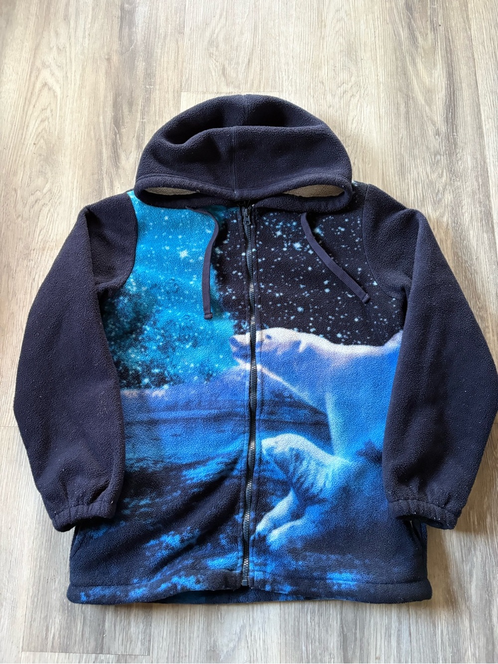 Women's Polar Bear Print Hooded Fleece Jacket - Blue